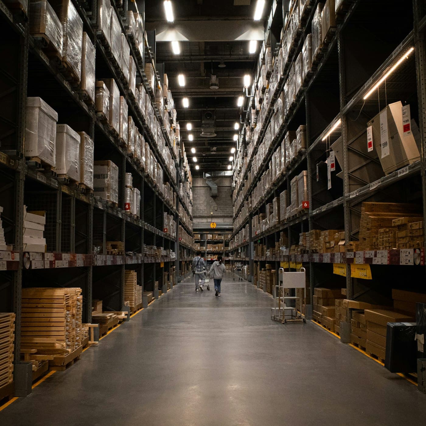 Pasillo de un centro de distribución con estanterías de mercancía